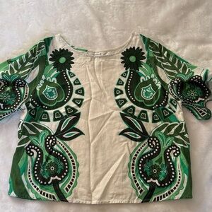 Green and White Linen Blend Top